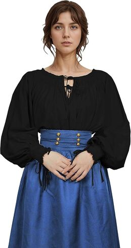 قميص نسائي من العصور الوسطى من miccostumes بأكمام طويلة وتصميم رقبة مربعة من طراز عصر النهضة in Kuwait