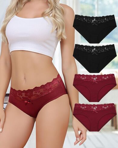 4 Packs Women's Cotton Bikini Panties, Hipster Lace Splicing Panties, Soft Stretchy Breathable Low Rise Pants in Saudi Arabia