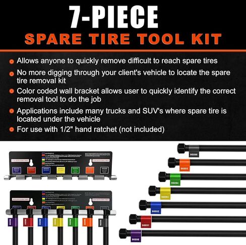مجموعة أدوات استرجاع الإطارات الاحتياطية مكونة من 7 قطع، مسطحة، دبوس، سداسي، مربع 12 مم، مشقوق، رؤوس مربعة ⅜ بوصة، إطارات معلقة ذات حامل سفلي ومرتفع، مجموعة أدوات الإطارات الاحتياطية 96090A in Kuwait
