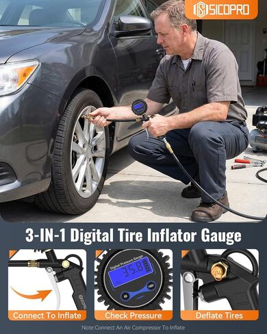 Digital Tire Pressure Gauge with Inflator, T500 Air Compressor Attachments, Heavy Duty Air Chuck with Rubber Hose and Quick Connect Coupler in Saudi Arabia