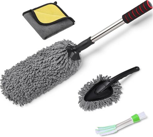 Lounsweer 4 Pcs Large Car Duster Set Microfiber Dust Cleaning Sets with Extendable Handle Exterior Duster Dashboard Detailing Brush Interior Exterior Cleaning Sets for Auto Truck Boat in Saudi Arabia