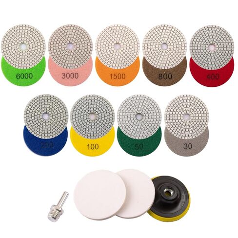 وسادات تلميع ماسية مقاس 4 بوصات، طقم وسادات رطبة/جافة 13 قطعة مع وسادة داعمة مقاس 5/8 بوصة - 11 بوصة، حبيبة 30-6000 لسطح كونترتوب الكوارتز الخرساني والرخام الجرانيت، تستخدم مع ملمع مطحنة المثقاب in Kuwait