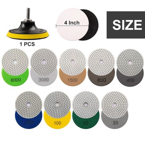 وسادات تلميع ماسية مقاس 4 بوصات، طقم وسادات رطبة/جافة 13 قطعة مع وسادة داعمة مقاس 5/8 بوصة - 11 بوصة، حبيبة 30-6000 لسطح كونترتوب الكوارتز الخرساني والرخام الجرانيت، تستخدم مع ملمع مطحنة المثقاب in Kuwait