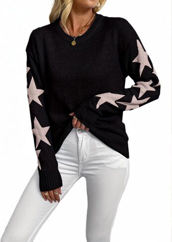 Womens Crew Neck Star Graphic Long Sleeve Sweater Loose Casual Fashion Pullover Sweaters in Saudi Arabia