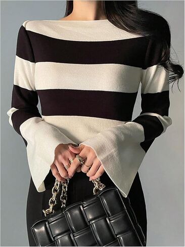 GORGLITTER Women's Striped Cozy Sweaters Trendy Bell Long Sleeve Business Casual Jumper Tops Fall Outfits in Saudi Arabia