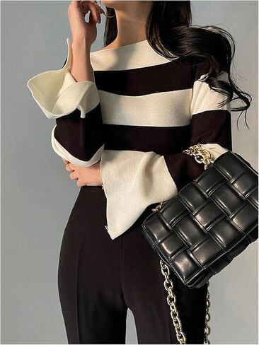 GORGLITTER Women's Striped Cozy Sweaters Trendy Bell Long Sleeve Business Casual Jumper Tops Fall Outfits in Saudi Arabia
