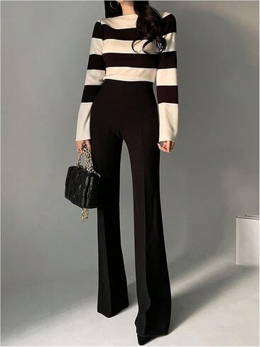 GORGLITTER Women's Striped Cozy Sweaters Trendy Bell Long Sleeve Business Casual Jumper Tops Fall Outfits in Saudi Arabia