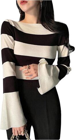 GORGLITTER Women's Striped Cozy Sweaters Trendy Bell Long Sleeve Business Casual Jumper Tops Fall Outfits in Saudi Arabia
