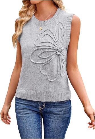 Women's 3D Floral Appliques Crewneck Sweaters Knit Tops Sleeveless Pullover Sweater Vest 2026 Elegant Tops in Saudi Arabia