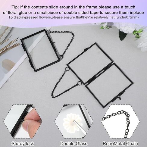 6 Pcs Pressed Flower Frames, Double Glass Hanging Picture Frame With Chain, 3.5 X 2.5 Inches Black Brass Floating Frame for Dried Flowers, Artwork, Photos, DIY Home Wall Art, Horizontal Vertical in Saudi Arabia