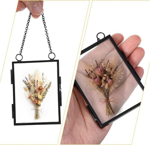 6 Pcs Pressed Flower Frames, Double Glass Hanging Picture Frame With Chain, 3.5 X 2.5 Inches Black Brass Floating Frame for Dried Flowers, Artwork, Photos, DIY Home Wall Art, Horizontal Vertical in Saudi Arabia