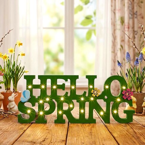 Ganeen Hello Spring Table Decor Wood Spring Centerpieces for Table 11.81 x 3.5 Inch Rustic Light up Letter Sign for Home Shelf Mantel Indoor in Saudi Arabia