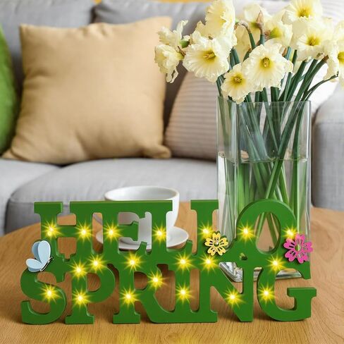 Ganeen Hello Spring Table Decor Wood Spring Centerpieces for Table 11.81 x 3.5 Inch Rustic Light up Letter Sign for Home Shelf Mantel Indoor in Saudi Arabia