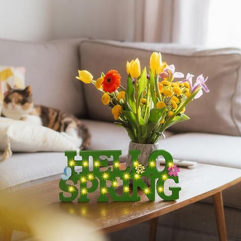 Ganeen Hello Spring Table Decor Wood Spring Centerpieces for Table 11.81 x 3.5 Inch Rustic Light up Letter Sign for Home Shelf Mantel Indoor in Saudi Arabia