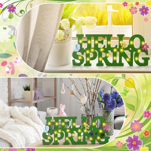 Ganeen Hello Spring Table Decor Wood Spring Centerpieces for Table 11.81 x 3.5 Inch Rustic Light up Letter Sign for Home Shelf Mantel Indoor in Saudi Arabia