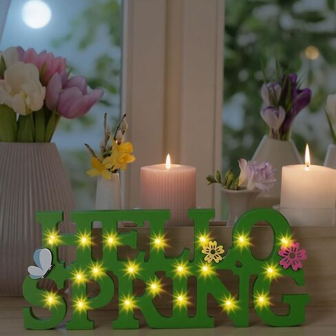 Ganeen Hello Spring Table Decor Wood Spring Centerpieces for Table 11.81 x 3.5 Inch Rustic Light up Letter Sign for Home Shelf Mantel Indoor in Saudi Arabia
