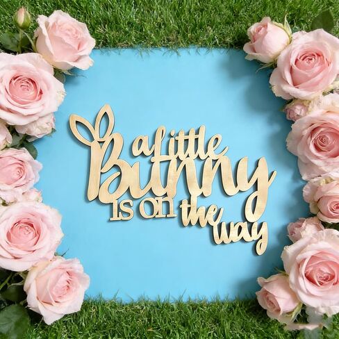 Wooden A Little Bunny is On The Way Sign for Backdrop, Laser Cutting Baby Shower Banner Sign Decor for Bunny Theme Spring Baptism Easter Gender Reveal Nursery Party Sign Decor Supplies in Kuwait