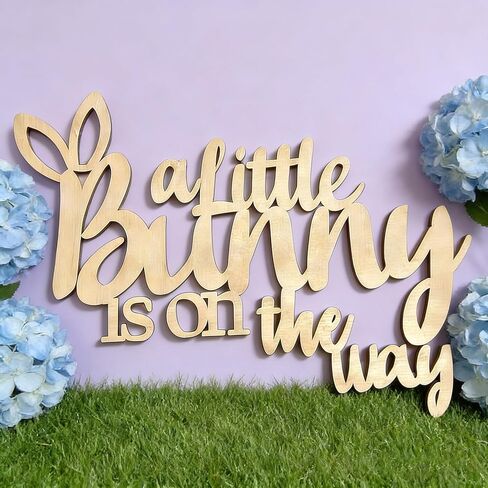 Wooden A Little Bunny is On The Way Sign for Backdrop, Laser Cutting Baby Shower Banner Sign Decor for Bunny Theme Spring Baptism Easter Gender Reveal Nursery Party Sign Decor Supplies in Kuwait