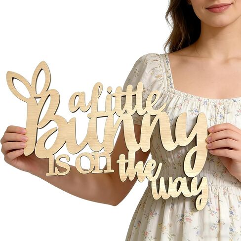 Wooden A Little Bunny is On The Way Sign for Backdrop, Laser Cutting Baby Shower Banner Sign Decor for Bunny Theme Spring Baptism Easter Gender Reveal Nursery Party Sign Decor Supplies in Kuwait