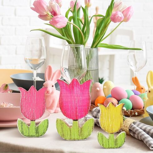 3 حجم الربيع الزنبق الخشب علامات الربيع الجدول الديكور الرجعية الباستيل زهرة الجدول المركزية مزدوجة مطبوعة مزرعة المتعثرة عيد الفصح صينية متدرجة كتلة الأزهار علامات الطاولة لديكور المنزل in Kuwait