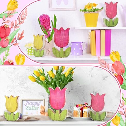 3 حجم الربيع الزنبق الخشب علامات الربيع الجدول الديكور الرجعية الباستيل زهرة الجدول المركزية مزدوجة مطبوعة مزرعة المتعثرة عيد الفصح صينية متدرجة كتلة الأزهار علامات الطاولة لديكور المنزل in Kuwait