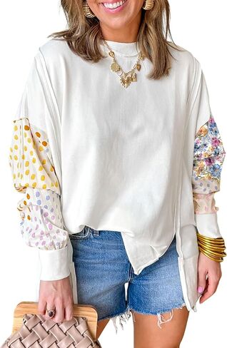 SELINK Womens Long Sleeve Tops Casual Floral Dotted Print Patchwork Sweatshirt Crewneck Pullover Loose T Shirts Blouse in Kuwait