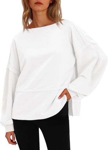Fisoew Womens Casual Crewneck Sweatshirts Lantern Long Sleeve Side Slit Loose Sweatshirt Fall Crop Pullover Tops in Saudi Arabia