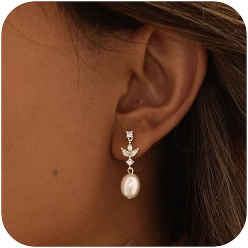 أقراط اللؤلؤ للنساء العصرية، أقراط اللؤلؤ اللذيذة المتدلية الذهبية عيار 14 قيراط مطلية بالذهب أقراط القوس اللطيفة لا تسبب الحساسية أقراط اللؤلؤ للنساء هدايا مجوهرات الزفاف الذهبية in Kuwait