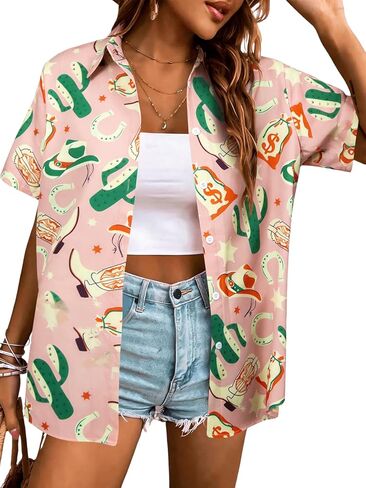 Western Button Up Shirts Women: Retro Cowgirl Shirt Rodeo Shirts Hawaiian Summer Vacation Short Sleeve Top Blouses in Kuwait