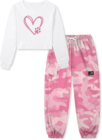 Betusline Girls 2 Piece Outfits Long Sleeve Tee Shirts and Cargo Jogger Pants Outfits, 4T-14 Years in Kuwait