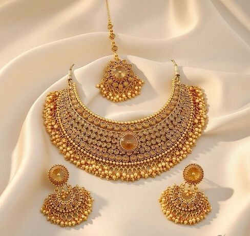 Efulgenz Indian Jewelry Sets for Women Gold Tone Indian Bridal Jewelry Bollywood Traditional Crystal Faux Pearl Wedding Choker Necklace Earrings Maang Tikka Indian Wedding Jewelry in Kuwait