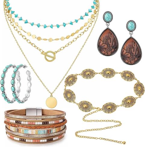 JATEBI 5 Pcs Western Bohemian Layered Jewelry Turquoise Set Included Layered Gold Necklaces Wristband Earring Dangler Waist Chain Country Concert Beach Fashion Jewelry in Kuwait
