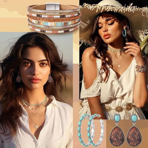 JATEBI 5 Pcs Western Bohemian Layered Jewelry Turquoise Set Included Layered Gold Necklaces Wristband Earring Dangler Waist Chain Country Concert Beach Fashion Jewelry in Kuwait