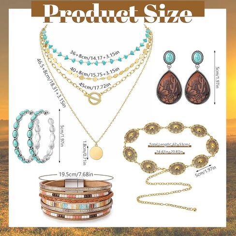 JATEBI 5 Pcs Western Bohemian Layered Jewelry Turquoise Set Included Layered Gold Necklaces Wristband Earring Dangler Waist Chain Country Concert Beach Fashion Jewelry in Kuwait