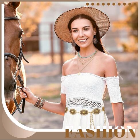 JATEBI 5 Pcs Western Bohemian Layered Jewelry Turquoise Set Included Layered Gold Necklaces Wristband Earring Dangler Waist Chain Country Concert Beach Fashion Jewelry in Kuwait