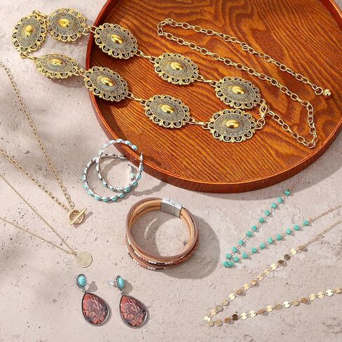 JATEBI 5 Pcs Western Bohemian Layered Jewelry Turquoise Set Included Layered Gold Necklaces Wristband Earring Dangler Waist Chain Country Concert Beach Fashion Jewelry in Kuwait