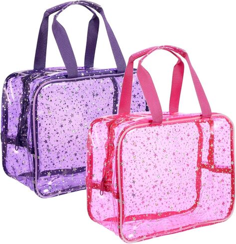 قطعتان من حقائب مكياج كبيرة شفافة، حقيبة مستحضرات تجميل مقاومة للماء بنمط نجمة مع مقبض مقاس 30.48 × 12.7 × 20.32 سم قابلة لإعادة الاستخدام من البولي فينيل كلوريد لأدوات الزينة للسفر للمكياج وصالة الألعاب الرياضية والسباحة (وردي، أرجواني) in Kuwait