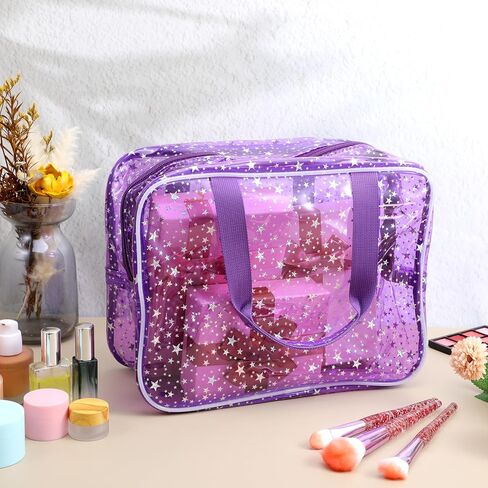 قطعتان من حقائب مكياج كبيرة شفافة، حقيبة مستحضرات تجميل مقاومة للماء بنمط نجمة مع مقبض مقاس 30.48 × 12.7 × 20.32 سم قابلة لإعادة الاستخدام من البولي فينيل كلوريد لأدوات الزينة للسفر للمكياج وصالة الألعاب الرياضية والسباحة (وردي، أرجواني) in Kuwait