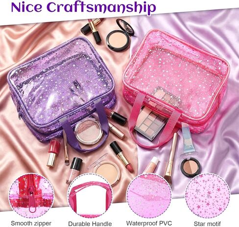 قطعتان من حقائب مكياج كبيرة شفافة، حقيبة مستحضرات تجميل مقاومة للماء بنمط نجمة مع مقبض مقاس 30.48 × 12.7 × 20.32 سم قابلة لإعادة الاستخدام من البولي فينيل كلوريد لأدوات الزينة للسفر للمكياج وصالة الألعاب الرياضية والسباحة (وردي، أرجواني) in Kuwait