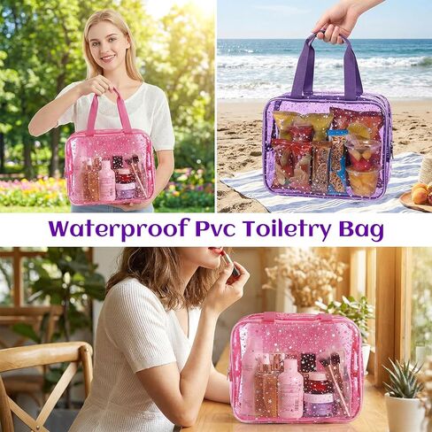 قطعتان من حقائب مكياج كبيرة شفافة، حقيبة مستحضرات تجميل مقاومة للماء بنمط نجمة مع مقبض مقاس 30.48 × 12.7 × 20.32 سم قابلة لإعادة الاستخدام من البولي فينيل كلوريد لأدوات الزينة للسفر للمكياج وصالة الألعاب الرياضية والسباحة (وردي، أرجواني) in Kuwait