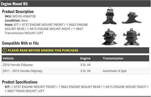 Engine Motor Mount and Transmission Mount Kit - 4-Piece - Compatible with 2011-2016 Honda Odyssey 3.5L V6 in Saudi Arabia