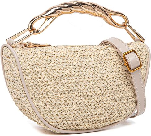 حقائب كروس صيفية من القش للنساء بمقبض علوي معدني ومحفظة مصممة للشاطئ وحقيبة هوبو صغيرة in Kuwait