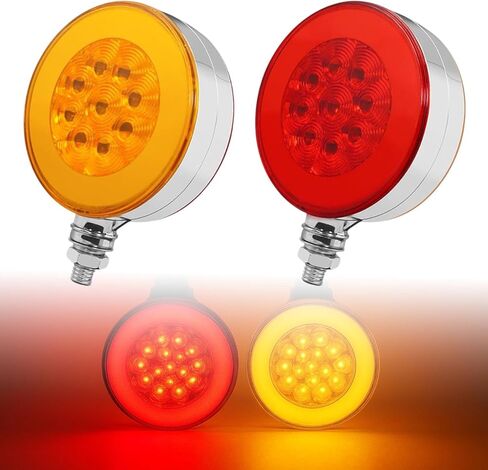 2PCS 74 LED Round Double Face Turn Signal Light for Semi Trucks Trailer, 4'' Red & Amber Round Pedestal Fender Lights with Flashing Mode in Saudi Arabia