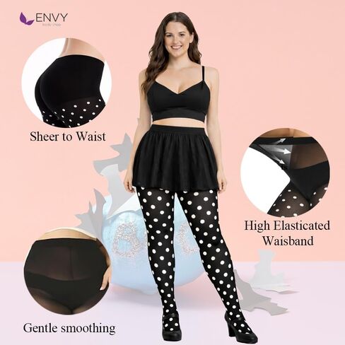 ENVY BODY SHOP Women's Opaque Sheer Polka Dot Control Top Pantyhose Tights, Dot Pattern, Stretch Comfort Fit in Saudi Arabia