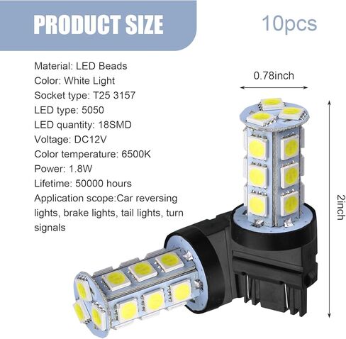Shakas 10 PCS 3156/3157 LED Tail Lights, 5050-18SMD DC12V 6500K Reversing Lights Turn Signals Brake Lights, 360 Degree Lighting Replacement Parts, Suitable for Most Car Models (White) in Kuwait