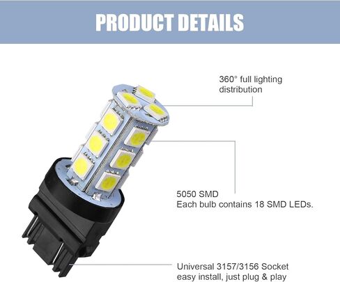 Shakas 10 PCS 3156/3157 LED Tail Lights, 5050-18SMD DC12V 6500K Reversing Lights Turn Signals Brake Lights, 360 Degree Lighting Replacement Parts, Suitable for Most Car Models (White) in Kuwait