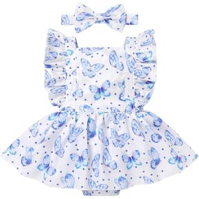 ODASDO Newborn Infant Baby Girl Ruffle Sleeve One-piece Romper Dress with Headband Set Summer Casual Clothes 0-24 Months