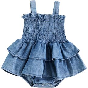 Newborn Baby Girl Denim Dress Sleeveless Smocked Ruffle Romper Tutu Dress One Piece Bodysuit Infant Summer Clothes in Saudi Arabia