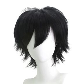13 Inch Black Short Straight Curly Anime Cosplay Wigs with Bang for Men's Costume Wigs Halloween Party