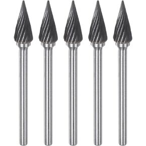 5pcs Carbide Rotary Burrs 1/8" (3mm) Shank 1/4" (6mm) Head Single Cut 60 Degree Cone M Shape Die Grinder Bits Rasp Files for Hard Metal Wood Stone Polishing Engraving